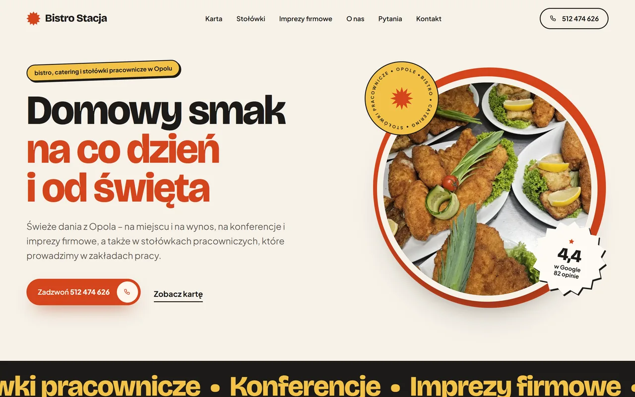 Strona główna bistro-stacja.pl — nagłówek „Domowy smak na co dzień i od święta” i talerze z kotletami