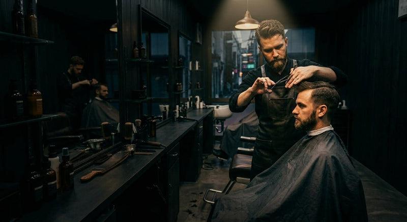 Adrian Kowalczyk, barber stylista, podczas strzyżenia klienta w salonie