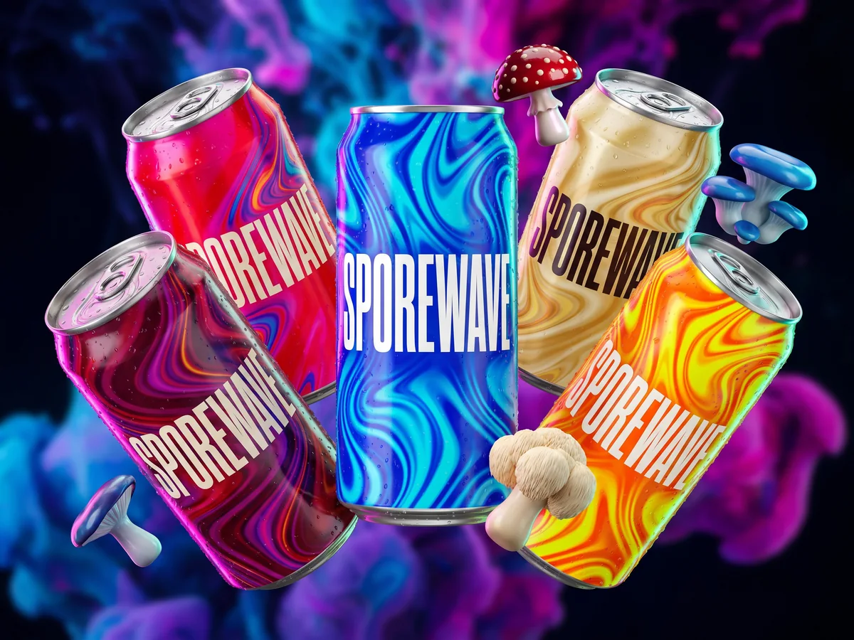 Pięć smukłych puszek SPOREWAVE w płynnych, psychodelicznych wzorach — niebieskim, czerwonym, kremowym, bordowym i pomarańczowym — unosi się wśród szklistych grzybów na tle rozmytego tuszu w wodzie