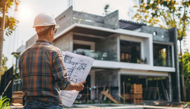 Kierownik budowy z planami architektonicznymi przed domem w trakcie realizacji