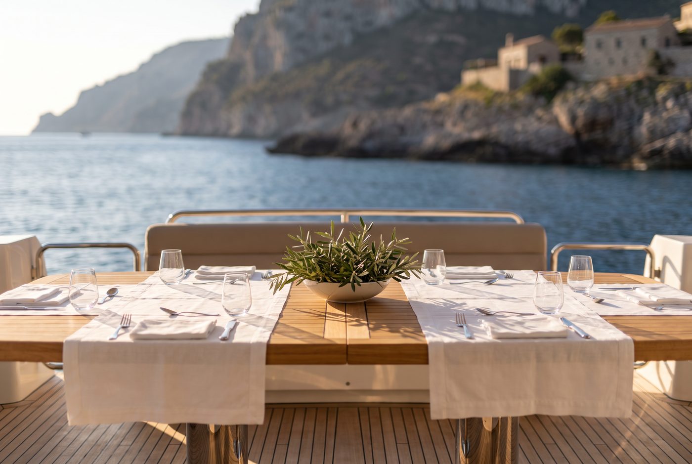 Table laid for dinner on the aft deck of ALBA at golden hour