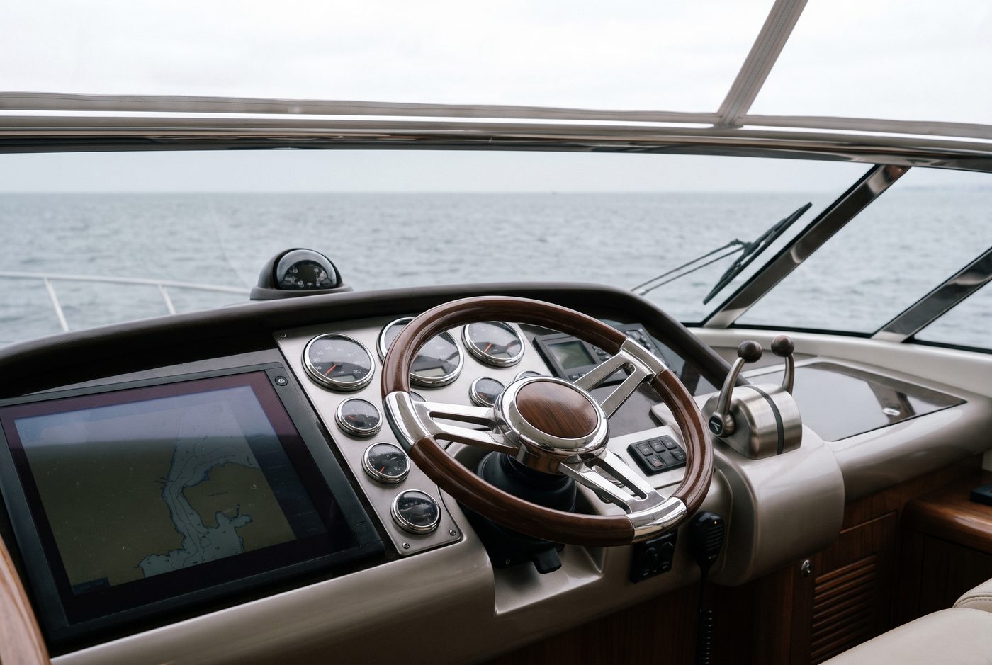Helm station with polished wheel, instrument dials and open sea beyond the windscreen