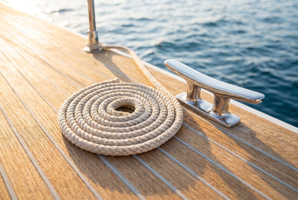 Coiled mooring rope and polished deck hardware on warm teak planking